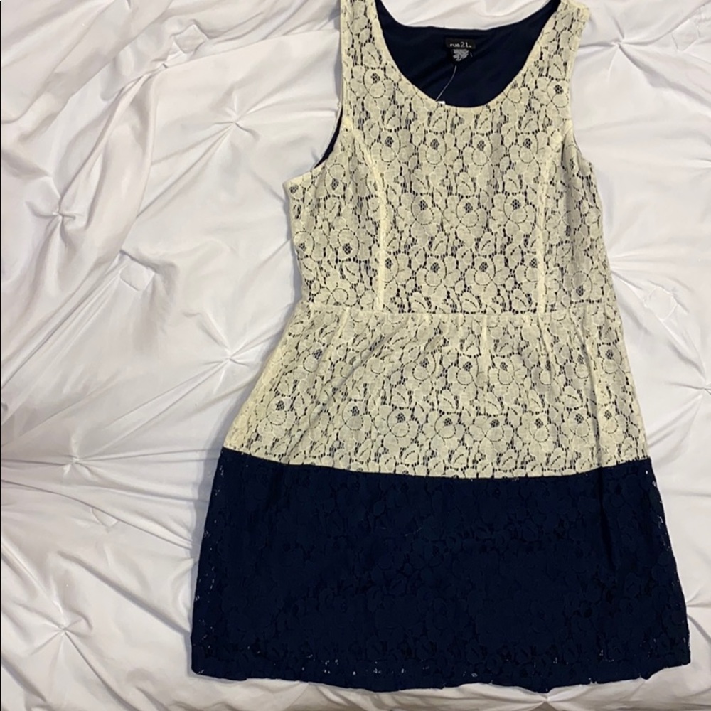 Cream and Navy Blue Lace Dress